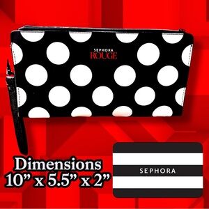 Sephora NWT Collectors Edition Black & White Polka Dot Red Detail Wristlet Bag